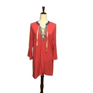 Umgee Bell Sleeve Lace V-Neck Shift Dress Medium